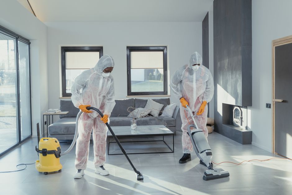 A person standing barefoot on a light-colored wooden floor, using a flat mop with a green microfiber cleaning pad to wipe the surface. The room is well-lit, showcasing a clean and polished floor with